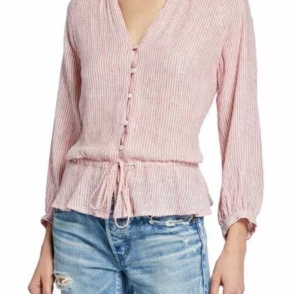 Rails Pink Stripe Button-Front Drawstring Peplum Blouse